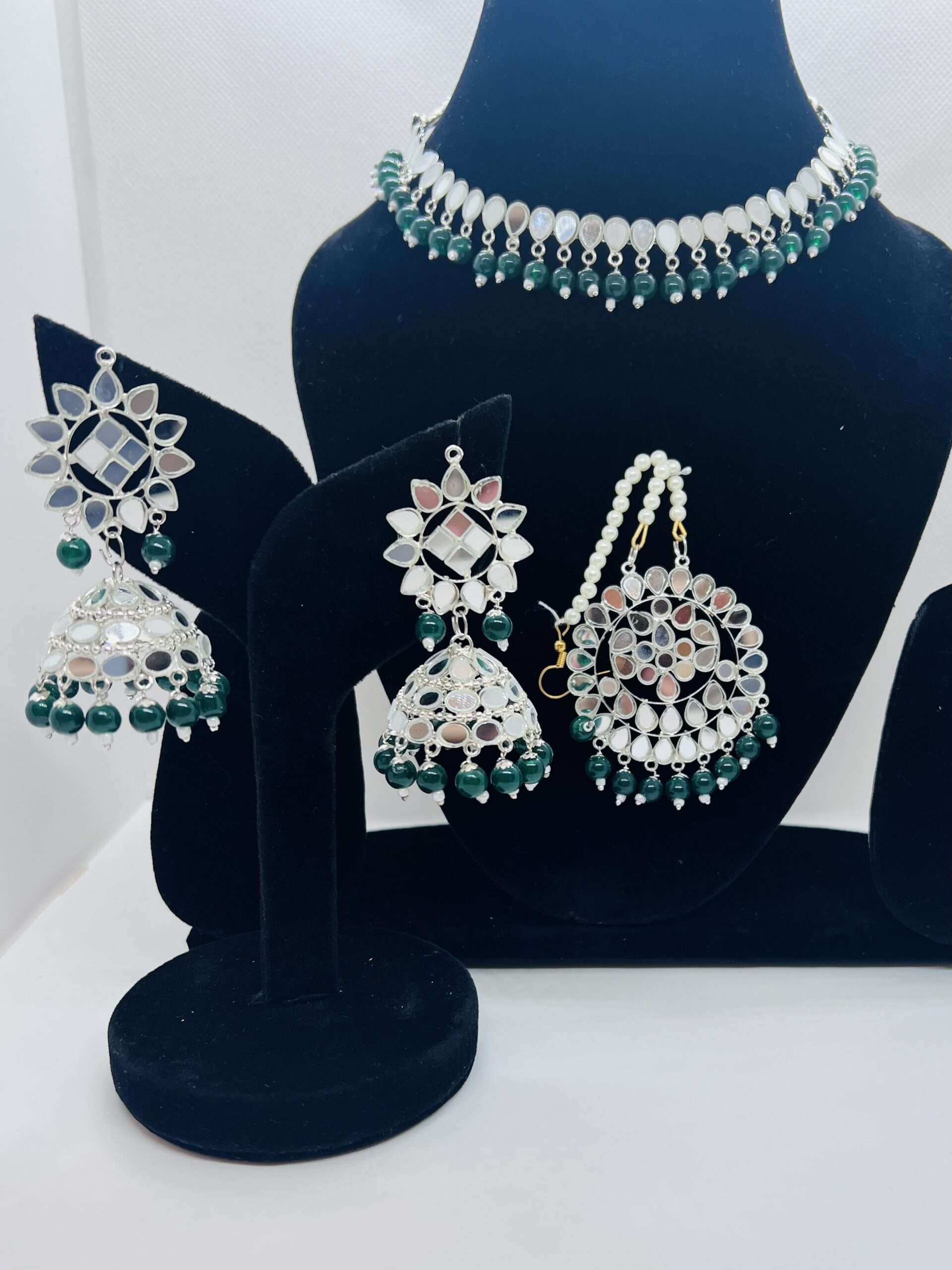 DARK GREEN BEAUTIFUL MIRROR WORK WITH SILVER POLISH CHOKER SET WITH JHUMKA AND TIKKA