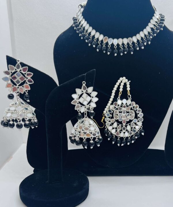 BEAUTIFUL MIRROR WORK WITH SILVER POLISH BLACK COLOR CHOKER SET WITH JHUMKA AND TIKKA