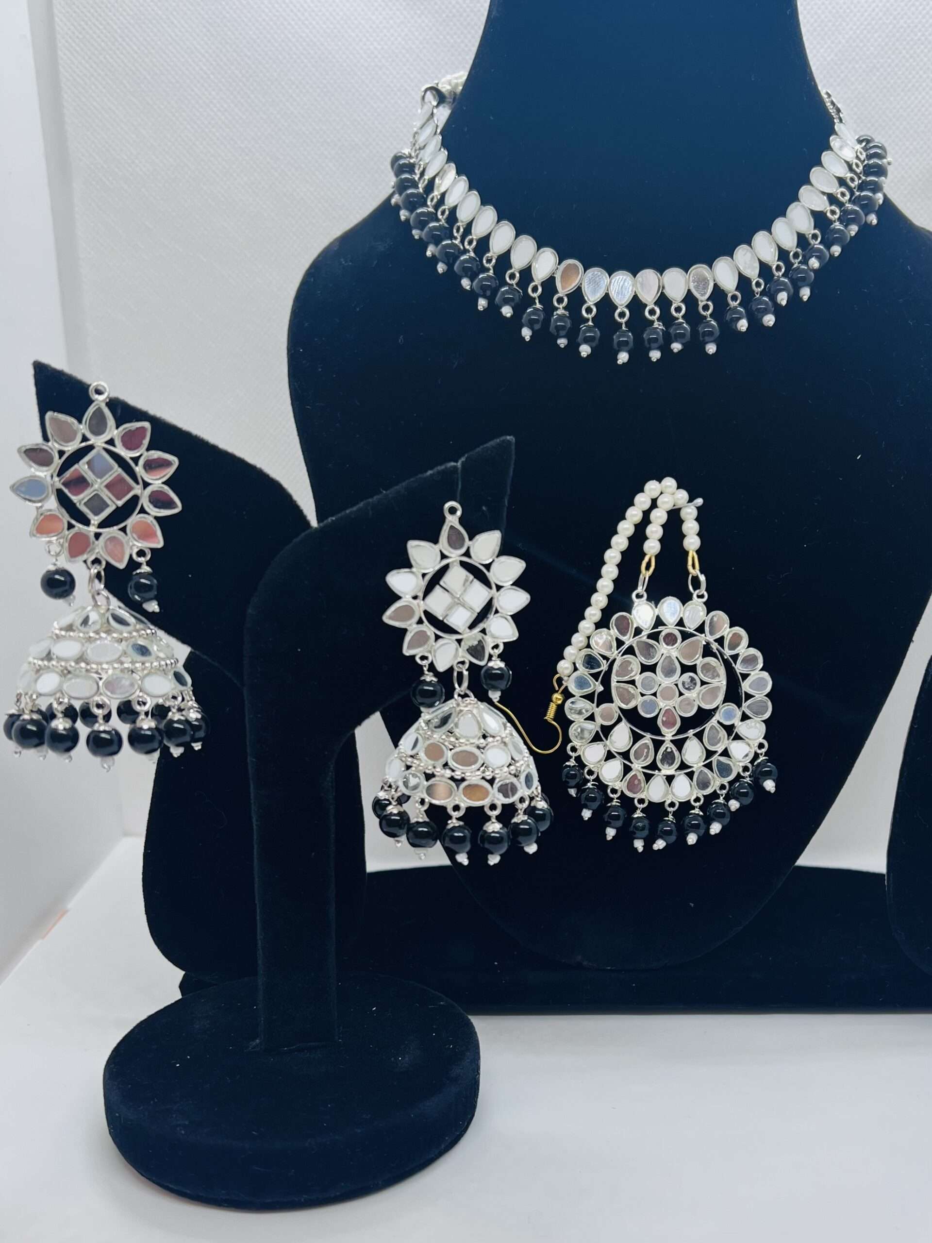 BEAUTIFUL MIRROR WORK WITH SILVER POLISH BLACK COLOR CHOKER SET WITH JHUMKA AND TIKKA