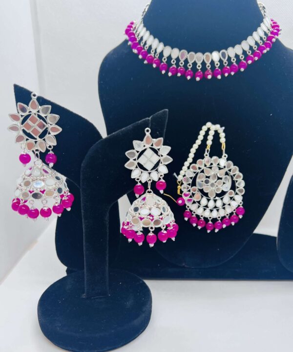 BEAUTIFUL MIRROR WORK CHOKER SET WITH JHUMKA EARRING AND TIKKA