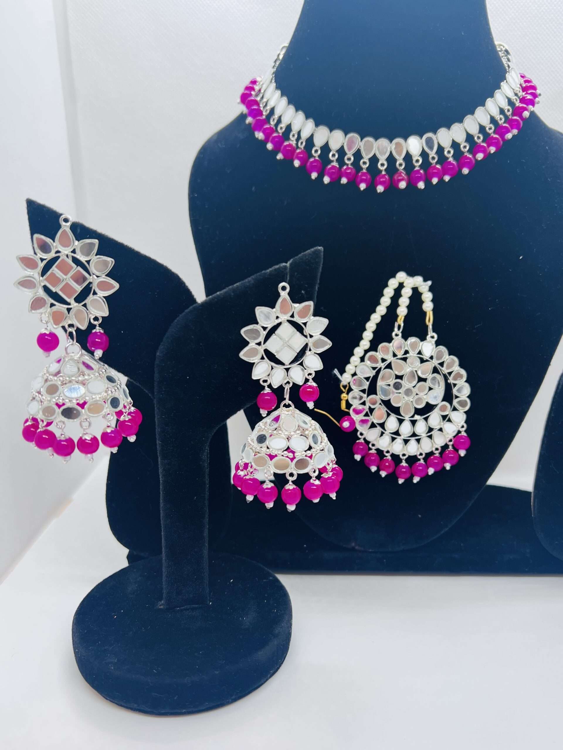 BEAUTIFUL MIRROR WORK CHOKER SET WITH JHUMKA EARRING AND TIKKA