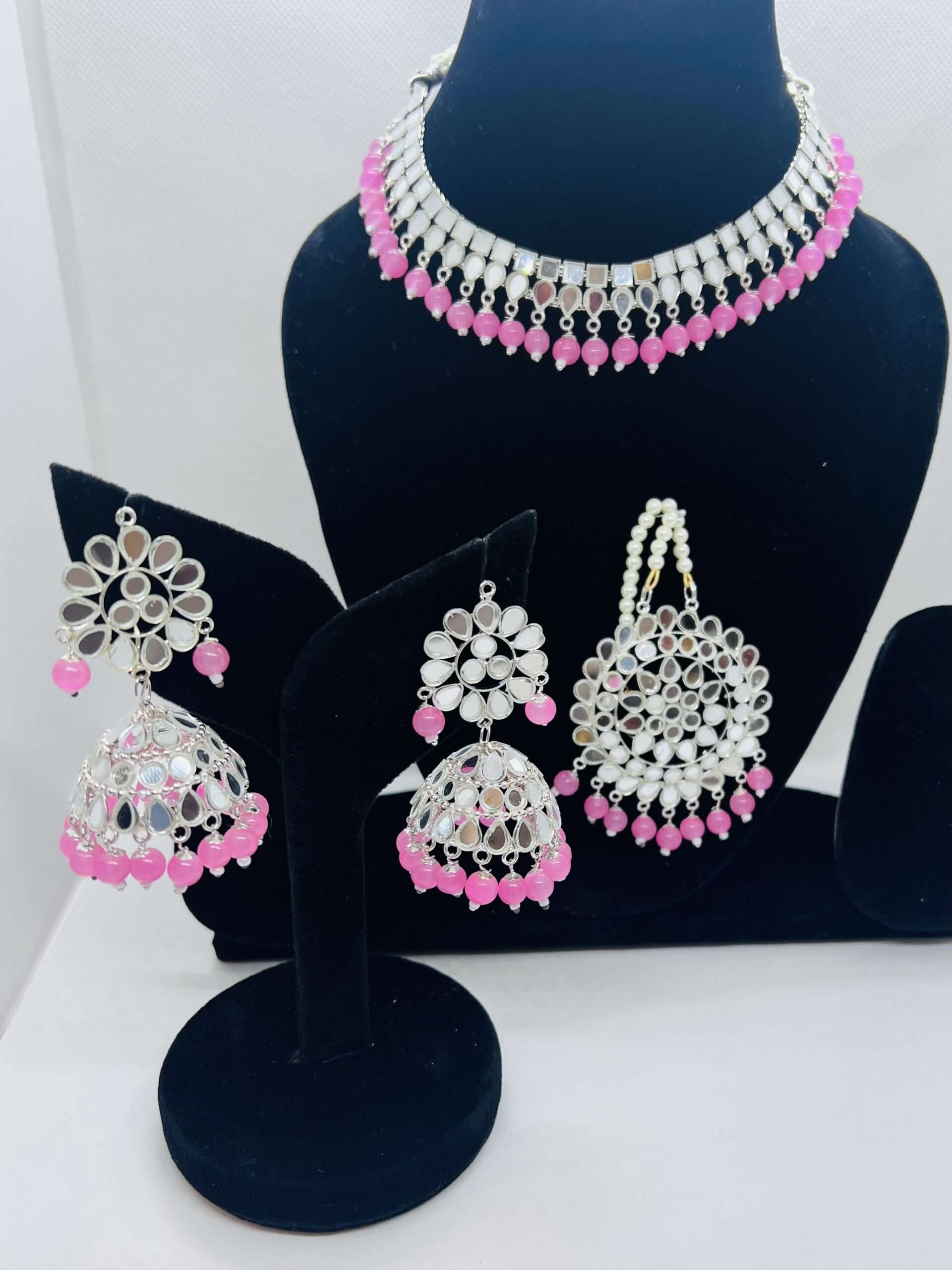 (SOLD) Pink Floral Kundan & Mirror Work Choker Set With Mang Tikka For Women