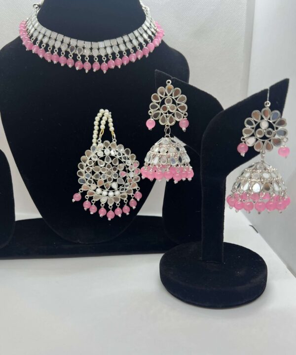 (SOLD) Silver Tone Mirror Work Necklace Set and Pink Beads with Jhumka For Women