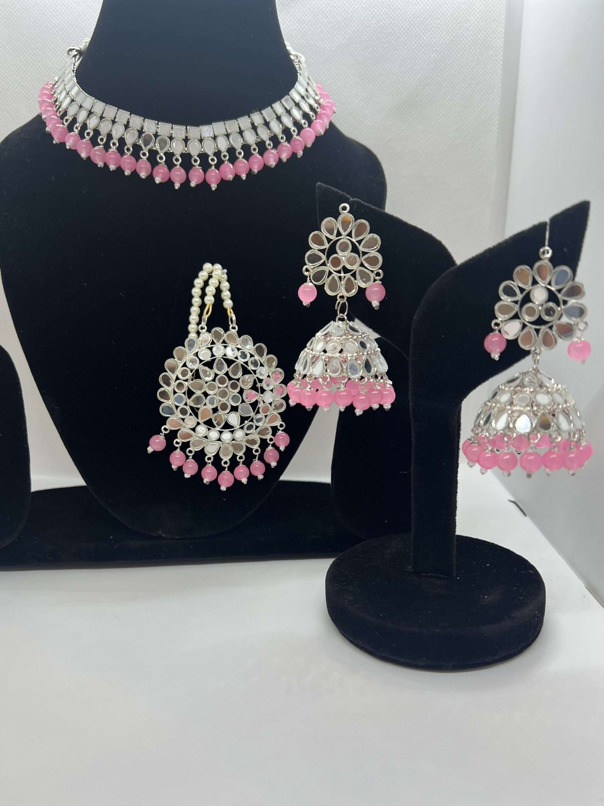 (SOLD) Silver Tone Mirror Work Necklace Set and Pink Beads with Jhumka For Women