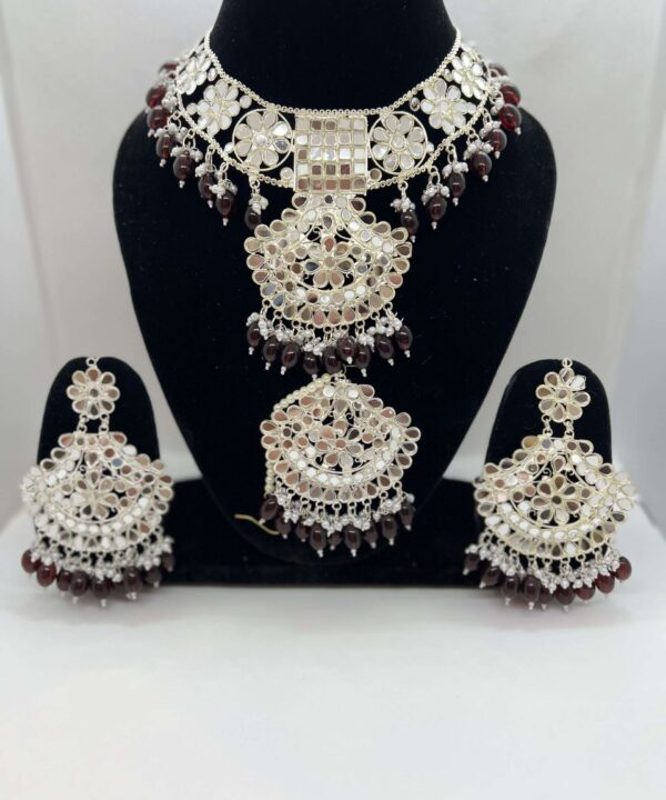 BEAUTIFUL MARRON COLOR BEADED SILVER PLATED MIRROR WORK CHOKER SET WITH STATEMENT EARRING AND TIKKA