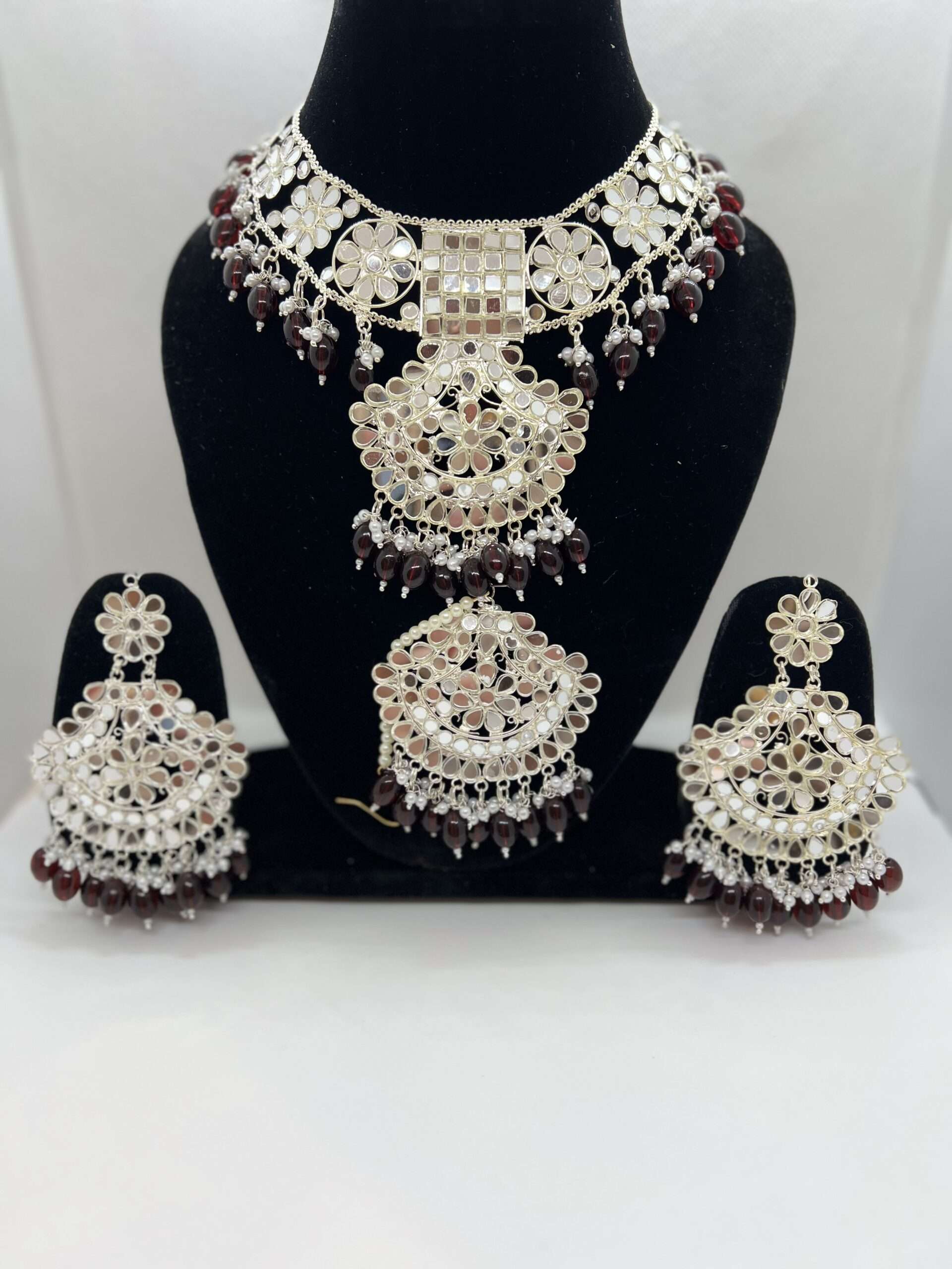 BEAUTIFUL MARRON COLOR BEADED SILVER PLATED MIRROR WORK CHOKER SET WITH STATEMENT EARRING AND TIKKA