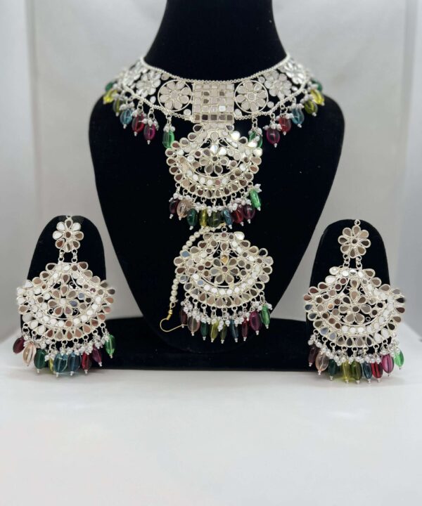 MUTLICOLOR BEADED SILVER PLATED MIRROR WORK CHOKER SET WITH STATEMENT EARRING AND TIKKA