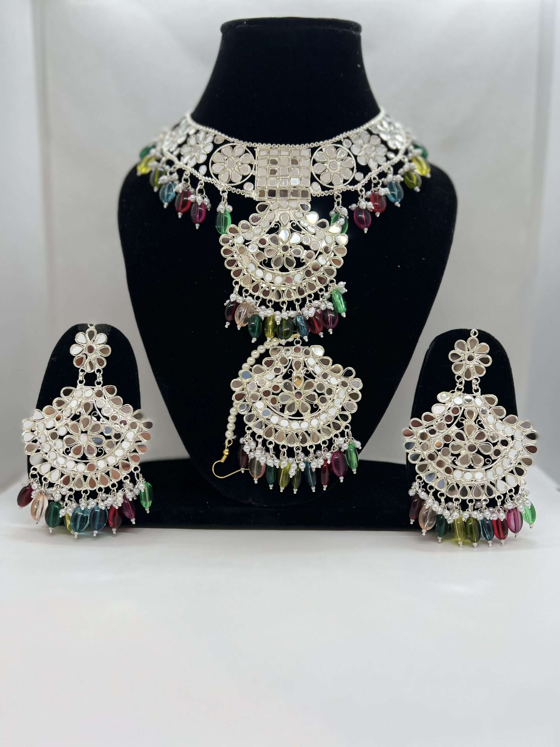 MUTLICOLOR BEADED SILVER PLATED MIRROR WORK CHOKER SET WITH STATEMENT EARRING AND TIKKA