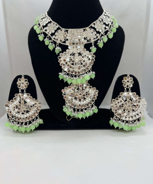 BEAUTIFUL PARROT GREEN COLOR BEADED SILVER PLATED MIRROR WORK CHOKER SET WITH STATEMENT EARRING AND TIKKA