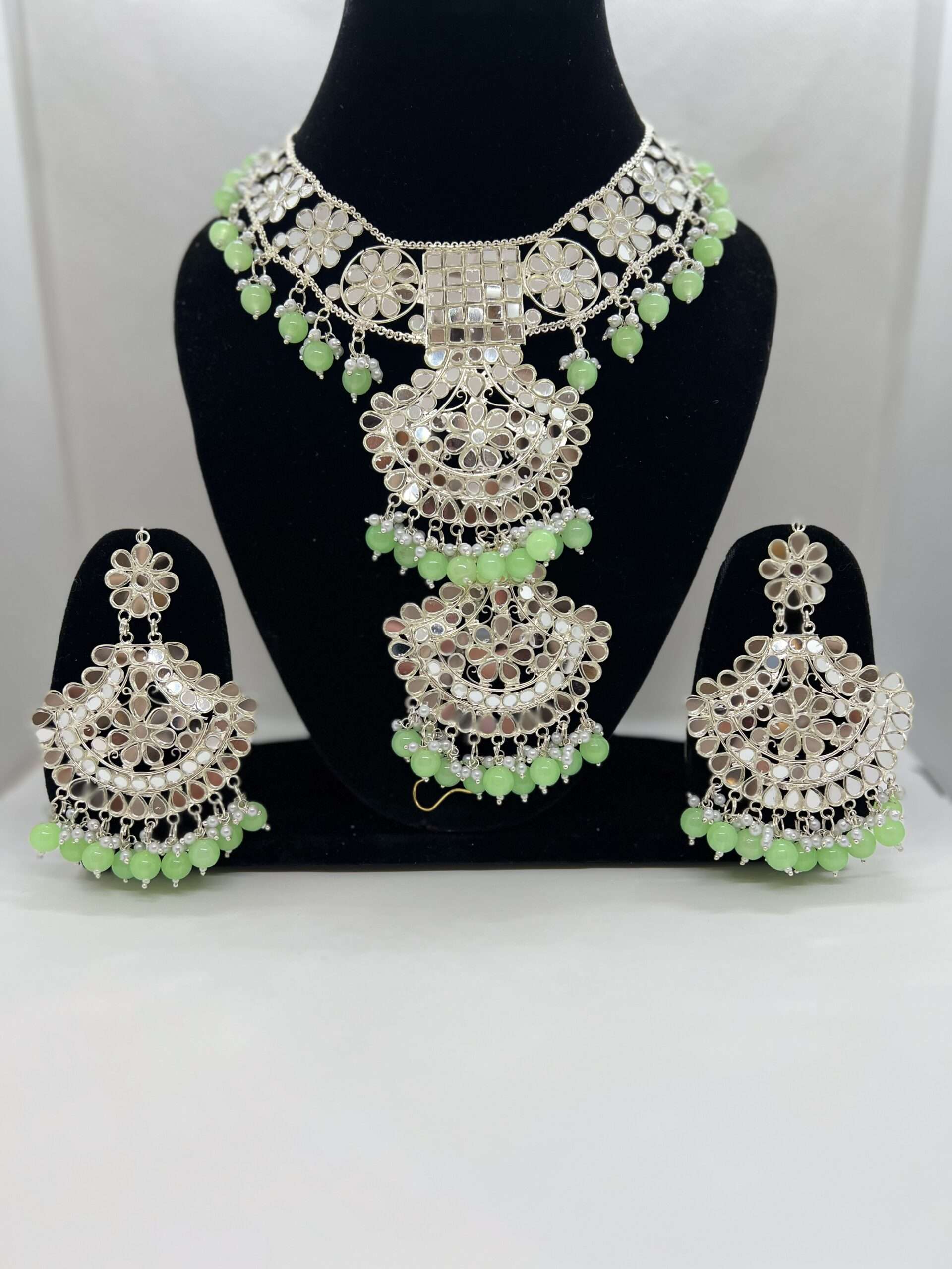 BEAUTIFUL PARROT GREEN COLOR BEADED SILVER PLATED MIRROR WORK CHOKER SET WITH STATEMENT EARRING AND TIKKA