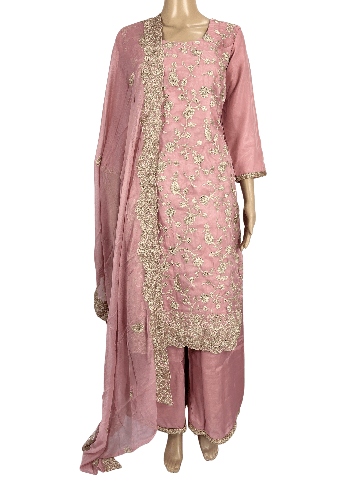 (SOLD OUT) Dusty Pink Embellished Dola Silk Kurta Plazzo Suit Set