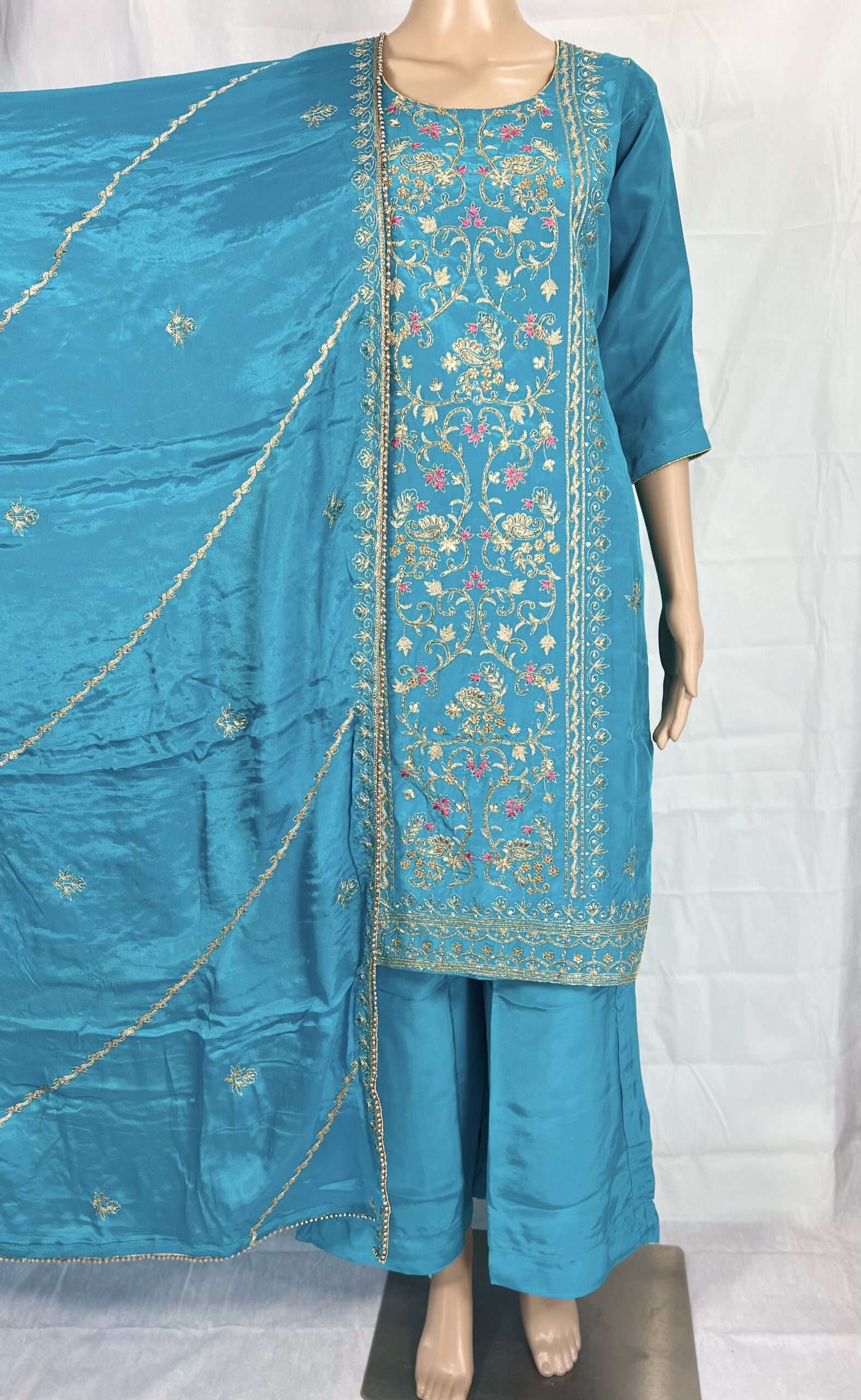 ( SOLD OUT ) Sky Blue Silk With Embroidery Work Plazzo Suit For Women