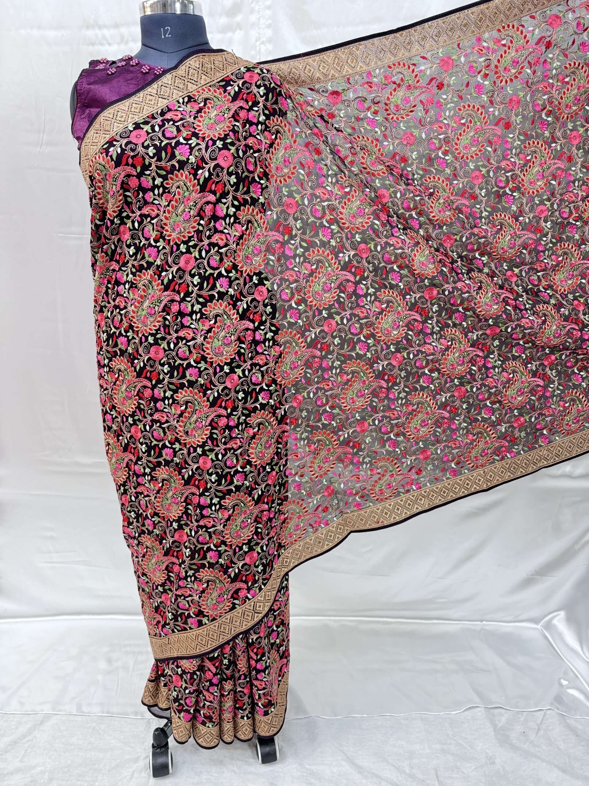 BEAUTIFUL PURE GEORGETTE BRIDAL OR PARTY WEAR DESIGNER JAL WORK SAREE WITH MUTICOLOR HEAVY EMBROIDERY AND STONE WORK COMES WITH UNSTICHED BLOUSE.