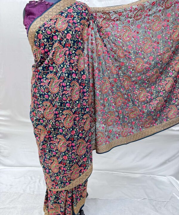 BEAUTIFUL PURE GEORGETTE BRIDAL OR PARTY WEAR DESIGNER JAL WORK SAREE WITH MUTICOLOR HEAVY EMBROIDERY AND STONE WORK COMES WITH UNSTICHED BLOUSE.
