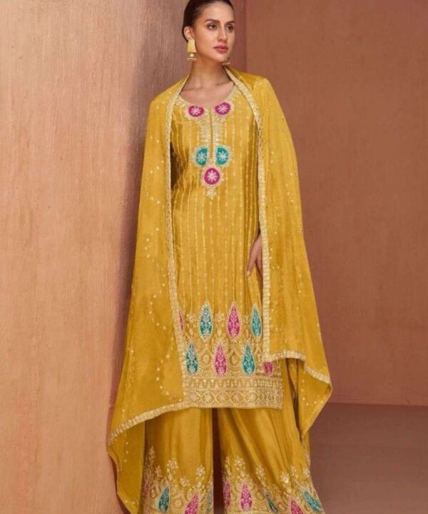 BEAUTIFUL DESIGNER 3 PIECE PLAZZO SUIT CHINON BASED HEAVY EMBROIDERY AND SEQUENCE WORK ALL OVER SHIRT, BOTTOM AND 4 SIDE LACE EMBROIDERY WORK ON DUPATTA.