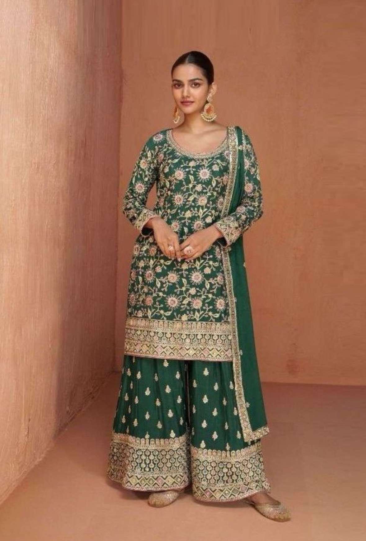 (SOLD) BEAUTIFUL DESIGNER 3 PIECE PLAZZO SUIT CHINON BASED HEAVY EMBROIDERY AND SEQUENCE WORK ALL OVER SHIRT, BOTTOM AND 4 SIDE LACE EMBROIDERY WORK ON DUPATTA.