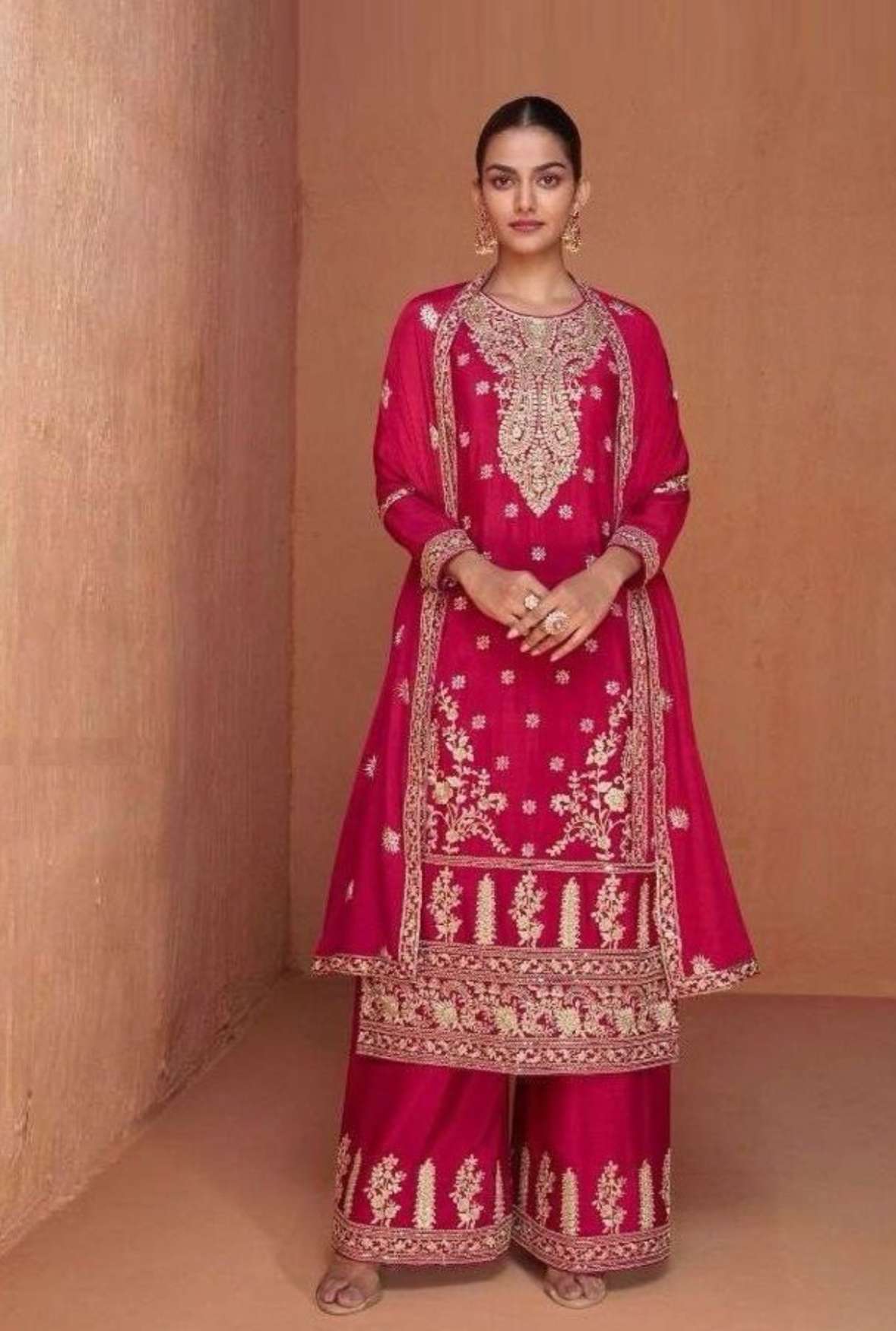 BEAUTIFUL DESIGNER 3 PIECE PLAZZO SUIT CHINON BASED HEAVY EMBROIDERY AND SEQUENCE WORK ALL OVER SHIRT, BOTTOM AND 4 SIDE LACE EMBROIDERY WORK ON DUPATTA.
