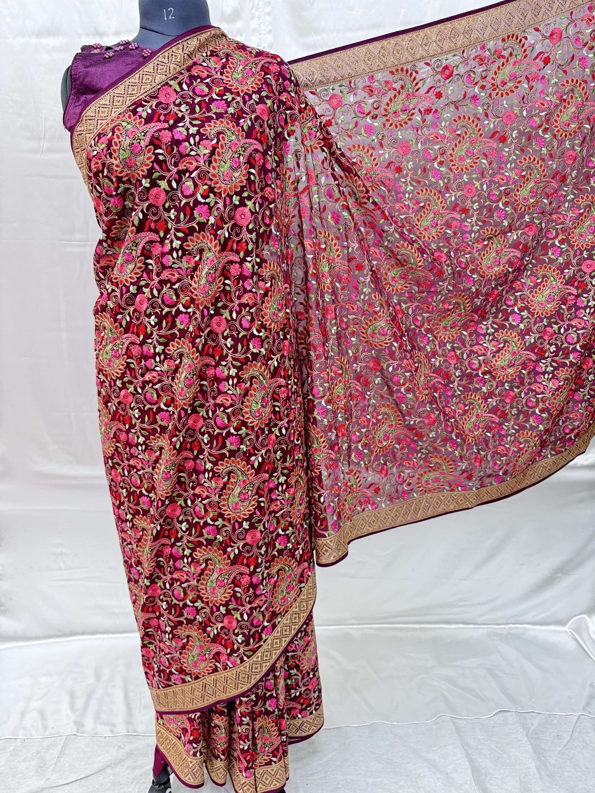BEAUTIFUL PURE GEORGETTE BRIDAL OR PARTY WEAR DESIGNER JAL WORK SAREE WITH MUTICOLOR HEAVY EMBROIDERY AND STONE WORK COMES WITH UNSTICHED BLOUSE.