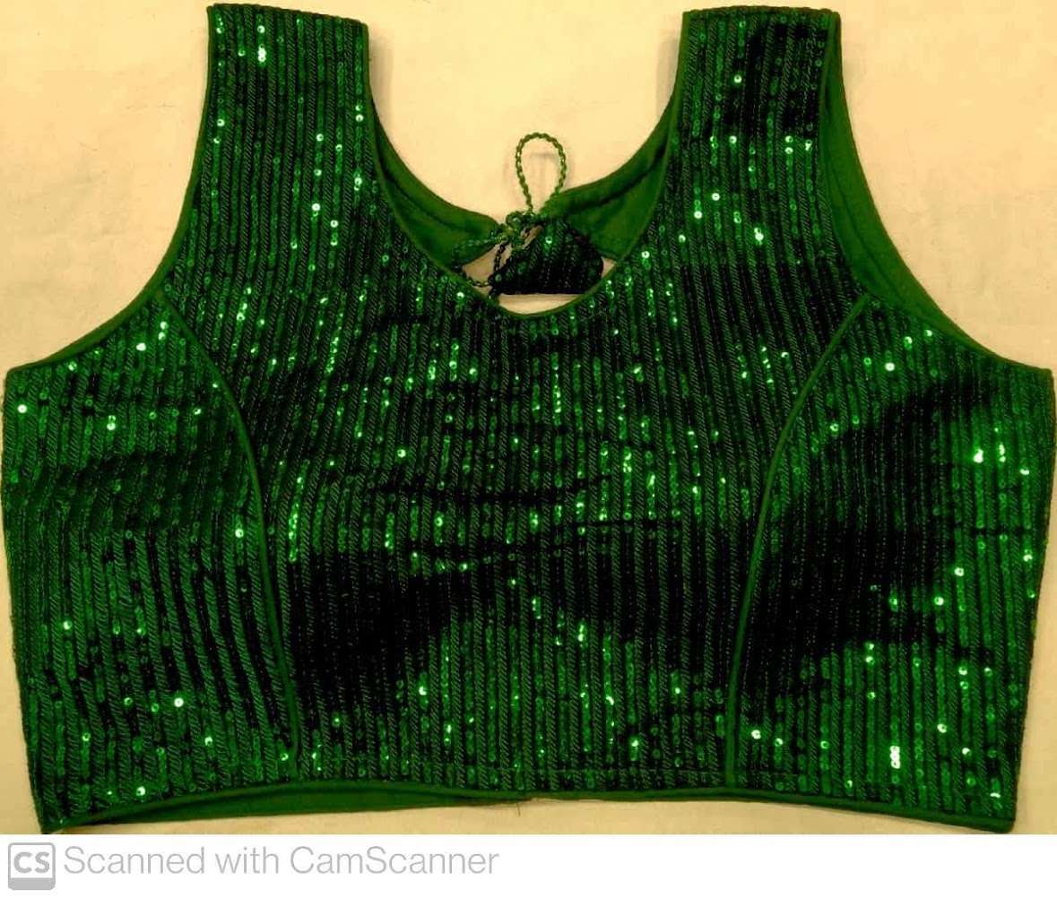DESIGNER DARK GREEN COLOR SEQUINS WORK READY MADE SAREE BLOUSE