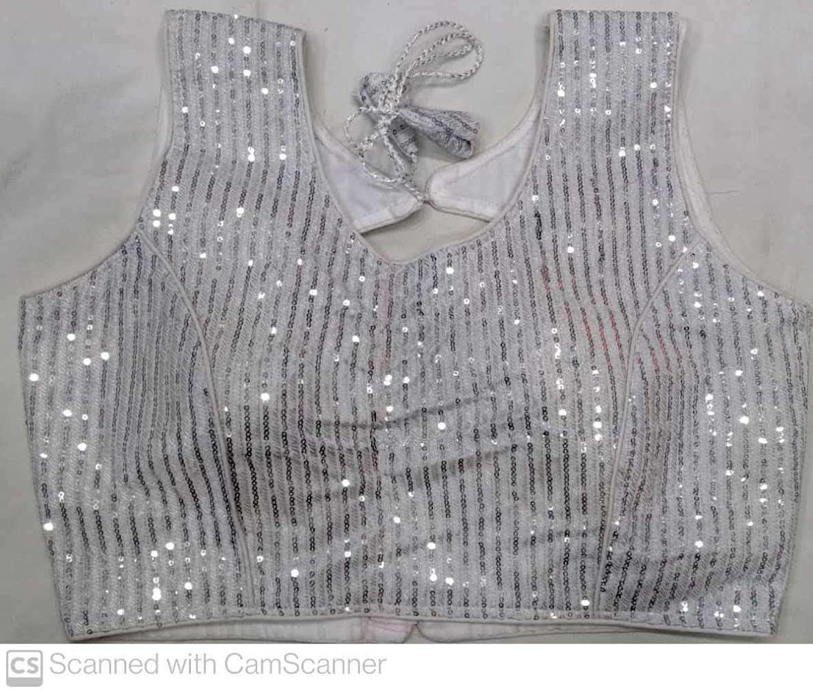 DESIGNER WHITE COLOR SEQUINS WORK READY MADE SAREE BLOUSE