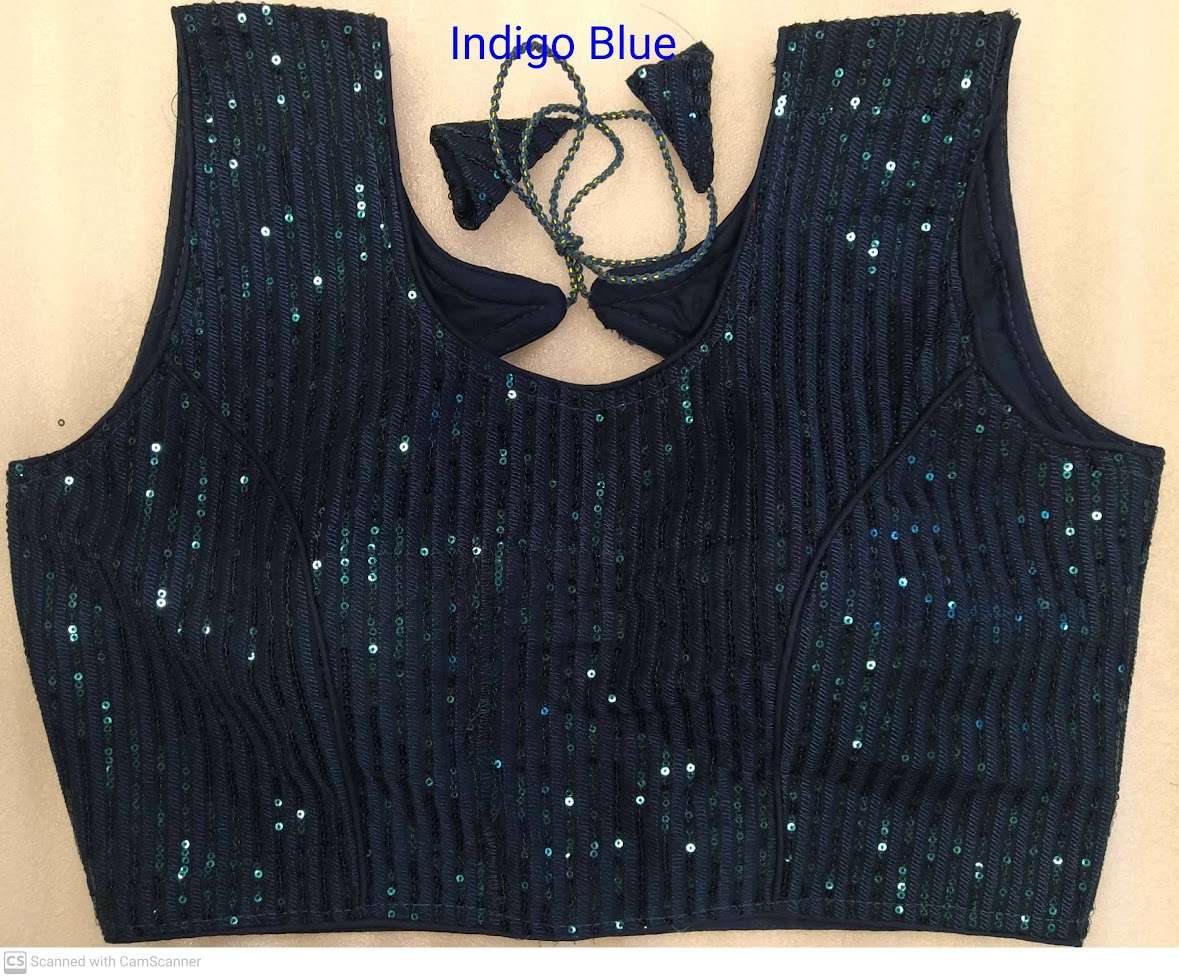 DESIGNER INDGO BLUE COLOR SEQUINS WORK READY MADE SAREE BLOUSE.