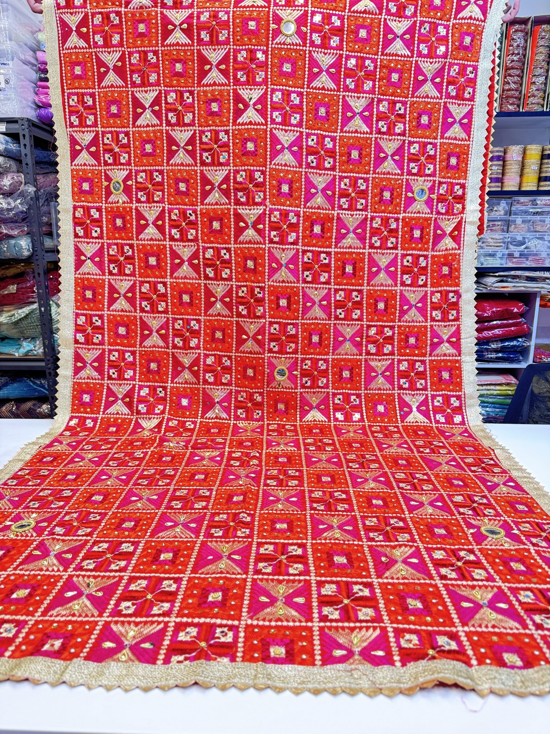 Beautiful Phulkari With Heavy Embroidery, Mirror and Stone Work Dupatta Four Side Lace Work.