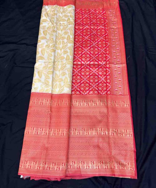 Banarasi Silk Saree With Zari Work Off White With Red Border Comes With Contrast Blouse.