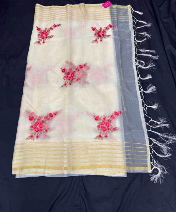 Beige Colour Soft Organza Silk Saree Embroidery Work Comes With Contrast Blouse
