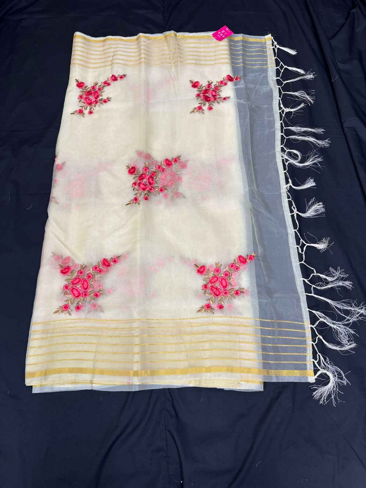 Beige Colour Soft Organza Silk Saree Embroidery Work Comes With Contrast Blouse