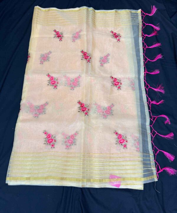 Organza Silk Saree Golden Peach Color With Embroidery Work comes with Contrast blouse