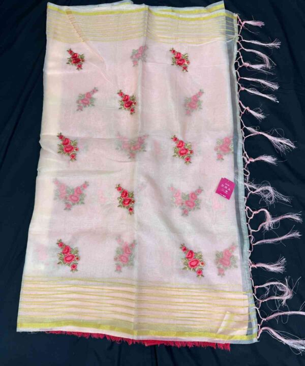 Soft Organza Silk Saree With Embroidery Work Comes With Contrast Blouse.