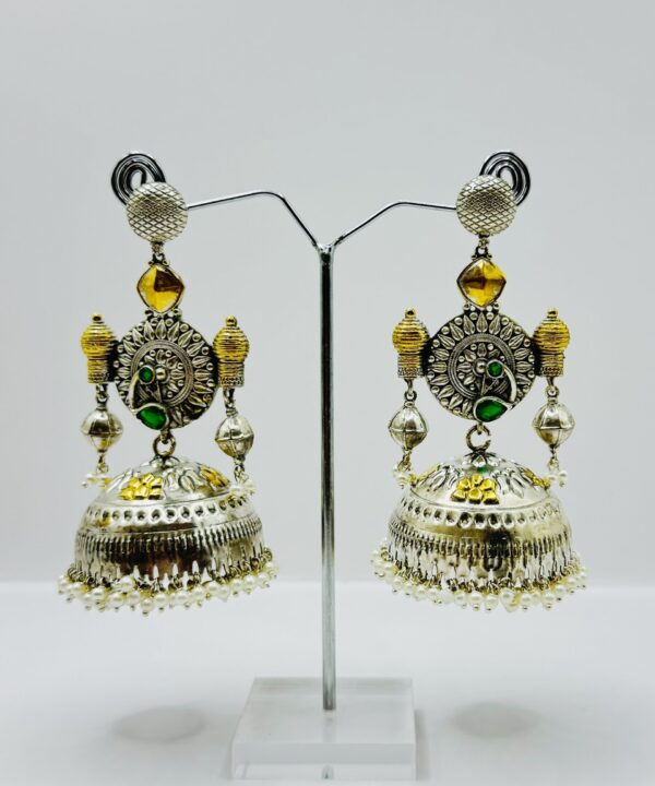Beautiful Latest Design With Silver And Gold Plated Peacock Design Pearl And Dark Green Color Stone Work Very Light Weight Jhumka Earrings