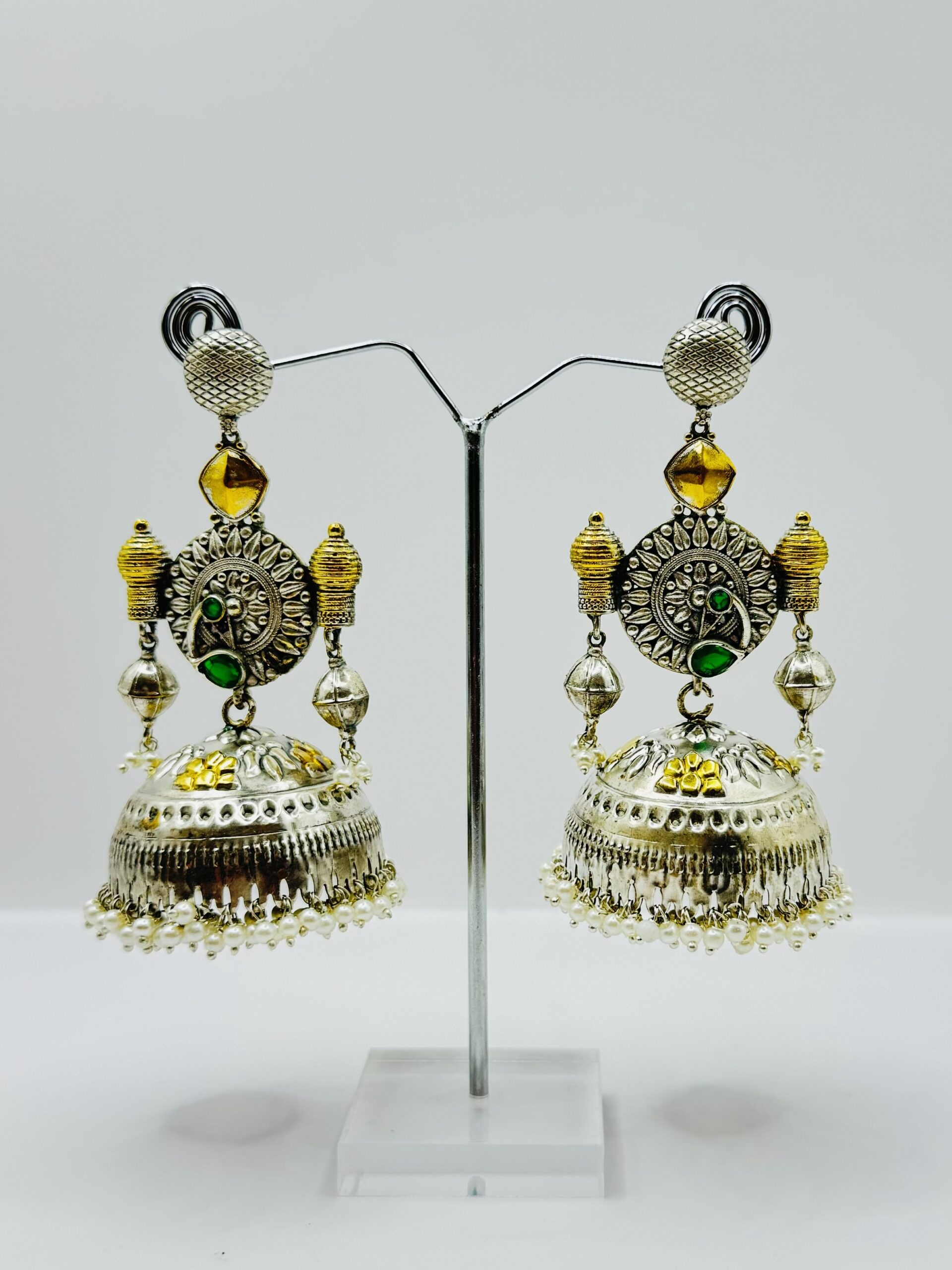 Beautiful Latest Design With Silver And Gold Plated Peacock Design Pearl And Dark Green Color Stone Work Very Light Weight Jhumka Earrings
