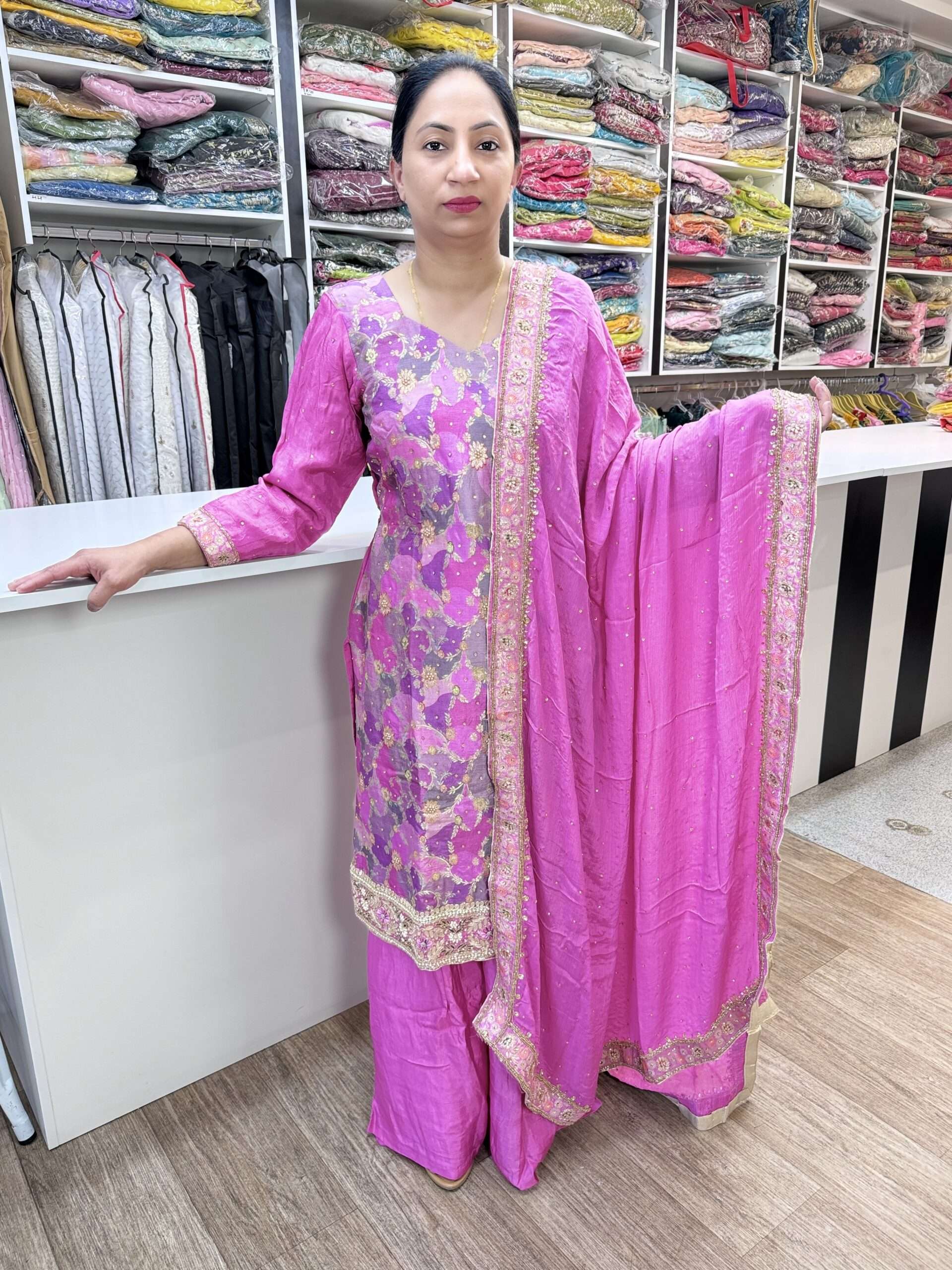 BROCADE FLORAL PRINT HEAVY 3 PIECE SUIT WITH ALL OVER BEAUTIFUL EMBROIDERY KUTDANA AND NALKI WORK ON SHRIT AND DUPATTA WITH PLAZZO PANT
