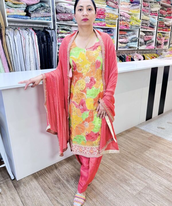 BROCADE FLORAL PRINT HEAVY 3 PIECE SUIT WITH ALL OVER BEAUTIFUL EMBROIDERY KUTDANA AND NALKI WORK ON SHRIT HEAVY BORDER AND DUPATTA WITH SALWAR