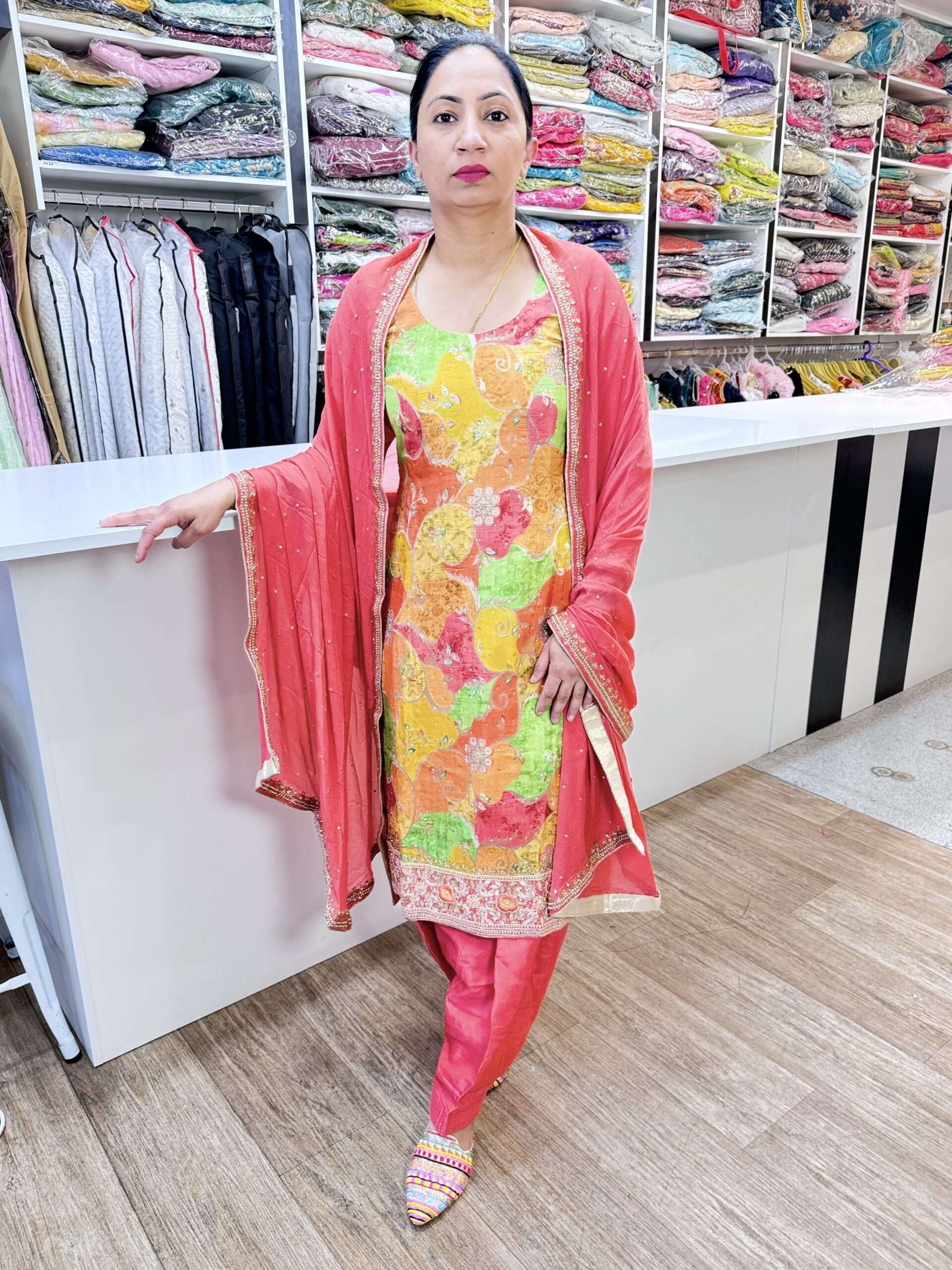 BROCADE FLORAL PRINT HEAVY 3 PIECE SUIT WITH ALL OVER BEAUTIFUL EMBROIDERY KUTDANA AND NALKI WORK ON SHRIT HEAVY BORDER AND DUPATTA WITH SALWAR