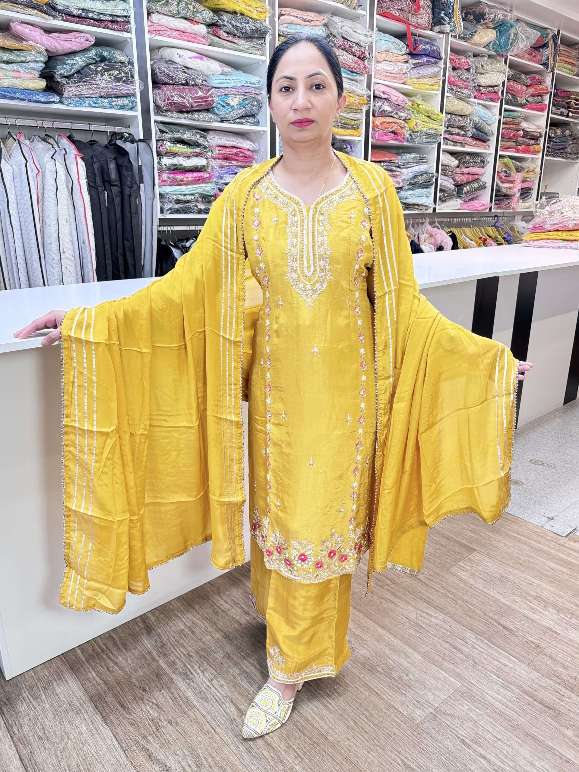 HEAVY 3 PIECE BEAUTIFUL SHIMMERSILK DESIGNER SUIT WITH HAND EMBROIDERY PEARL, NALKI AND STONE WORK ON TOP AND BOTTOM FOUR SIDE PEARL LACE  WORK ON DUPATTA