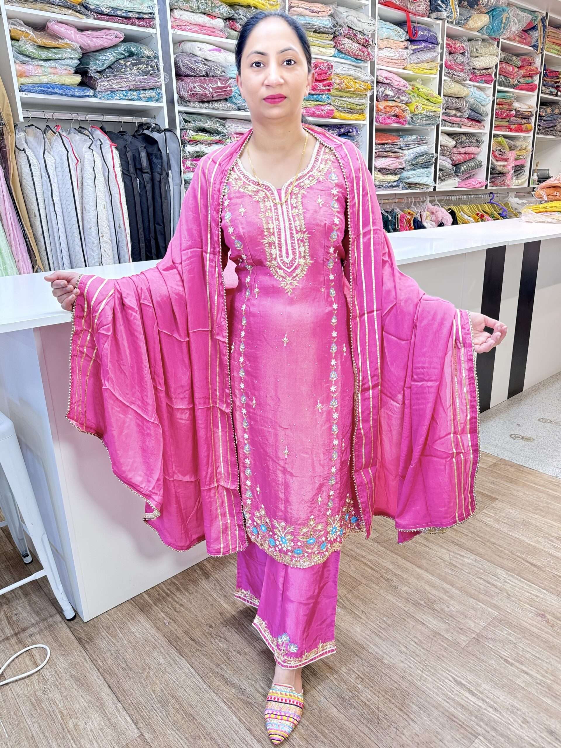 HEAVY 3 PIECE BEAUTIFUL SHIMMERSILK DESIGNER SUIT WITH HAND EMBROIDERY PEARL, NALKI AND STONE WORK ON TOP AND BOTTOM FOUR SIDE PEARL LACE  WORK ON DUPATTA