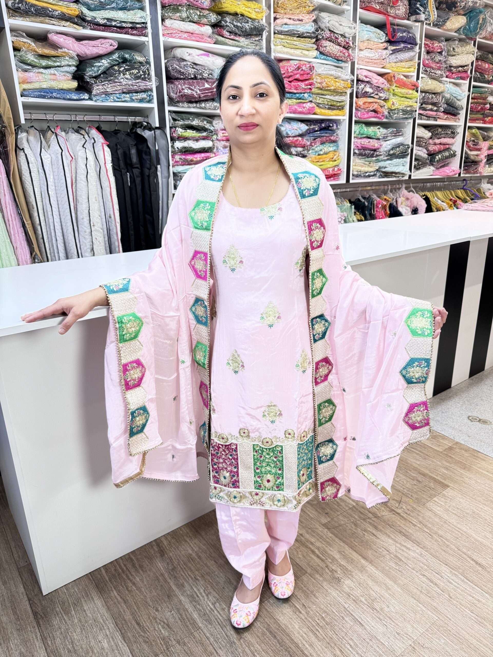 3 PIECE LIGHT BABY PINK COLOR HEAVY SALWAR SUIT TILLA, THREAD AND PEARL WORK ALL OVER SHRIT WITH HEAVY WORK DUPATTA