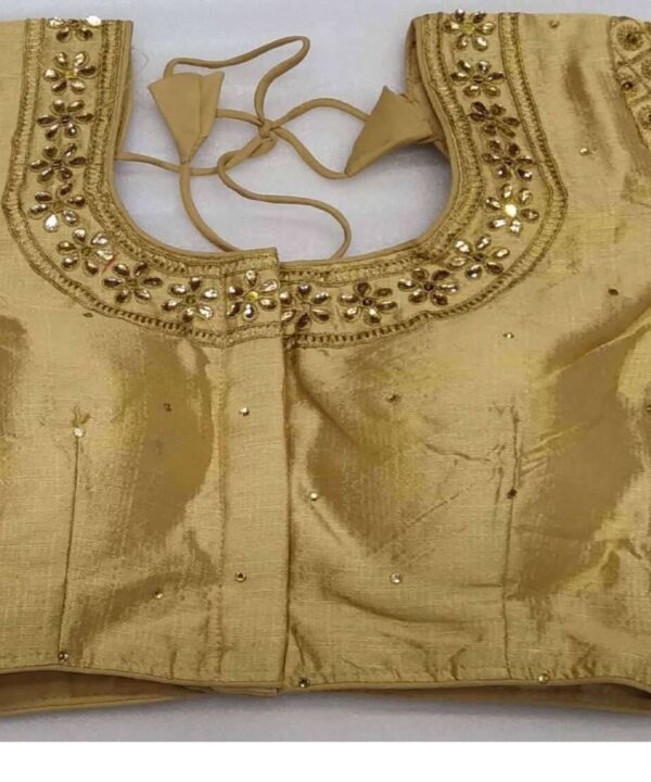GOLD COLOR DESIGNER BLOUSE WITH FRONT ND BACK EMBROIDERY AND STONE WORK