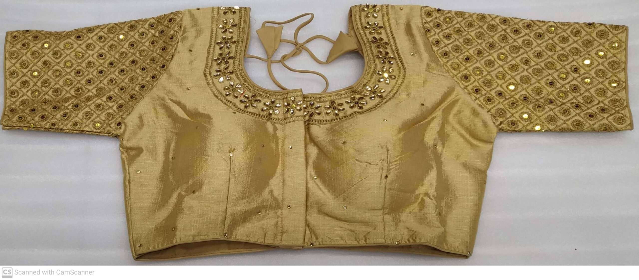 GOLD COLOR DESIGNER BLOUSE WITH FRONT ND BACK EMBROIDERY AND STONE WORK