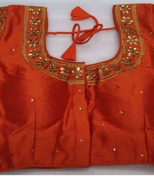 ORANGE COLOR DESIGNER BLOUSE WITH FRONT AND BACK EMBROIDERY AND STONE WORK