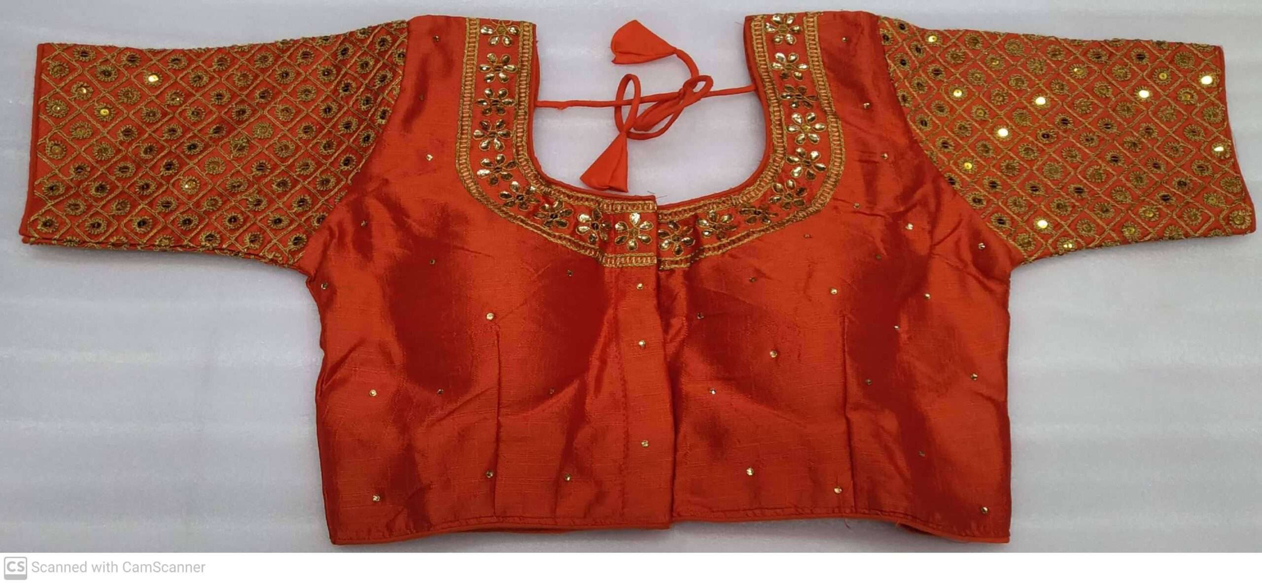 ORANGE COLOR DESIGNER BLOUSE WITH FRONT AND BACK EMBROIDERY AND STONE WORK