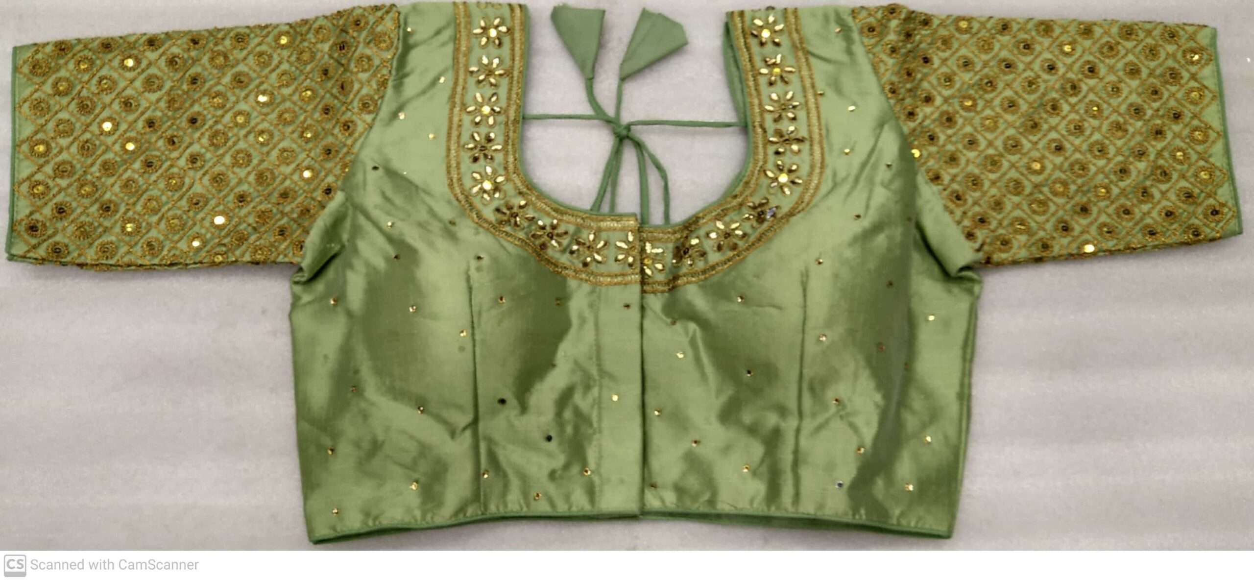 (SOLD) DESIGNER BLOUSE LIGHT GREEN (PISTA )COLOR EMBROIDERY AND STONE WORK