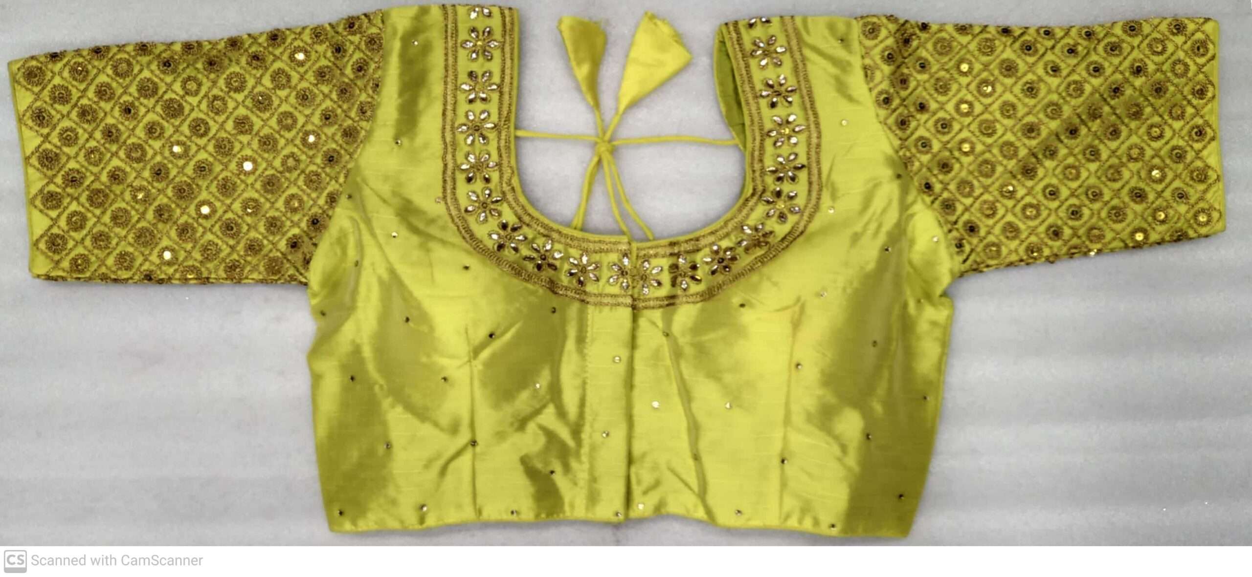 LEMON COLOR DESIGNER BLOUSE WITH FRONT AND BACK EMBROIDERY AND STONE WORK
