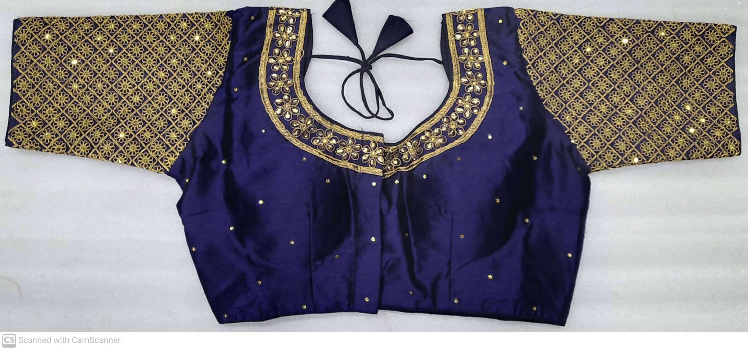DARK BLUE DESIGNER BLOUSE WITH FRONT AND BACK EMBROIDERY AND STONE WORK
