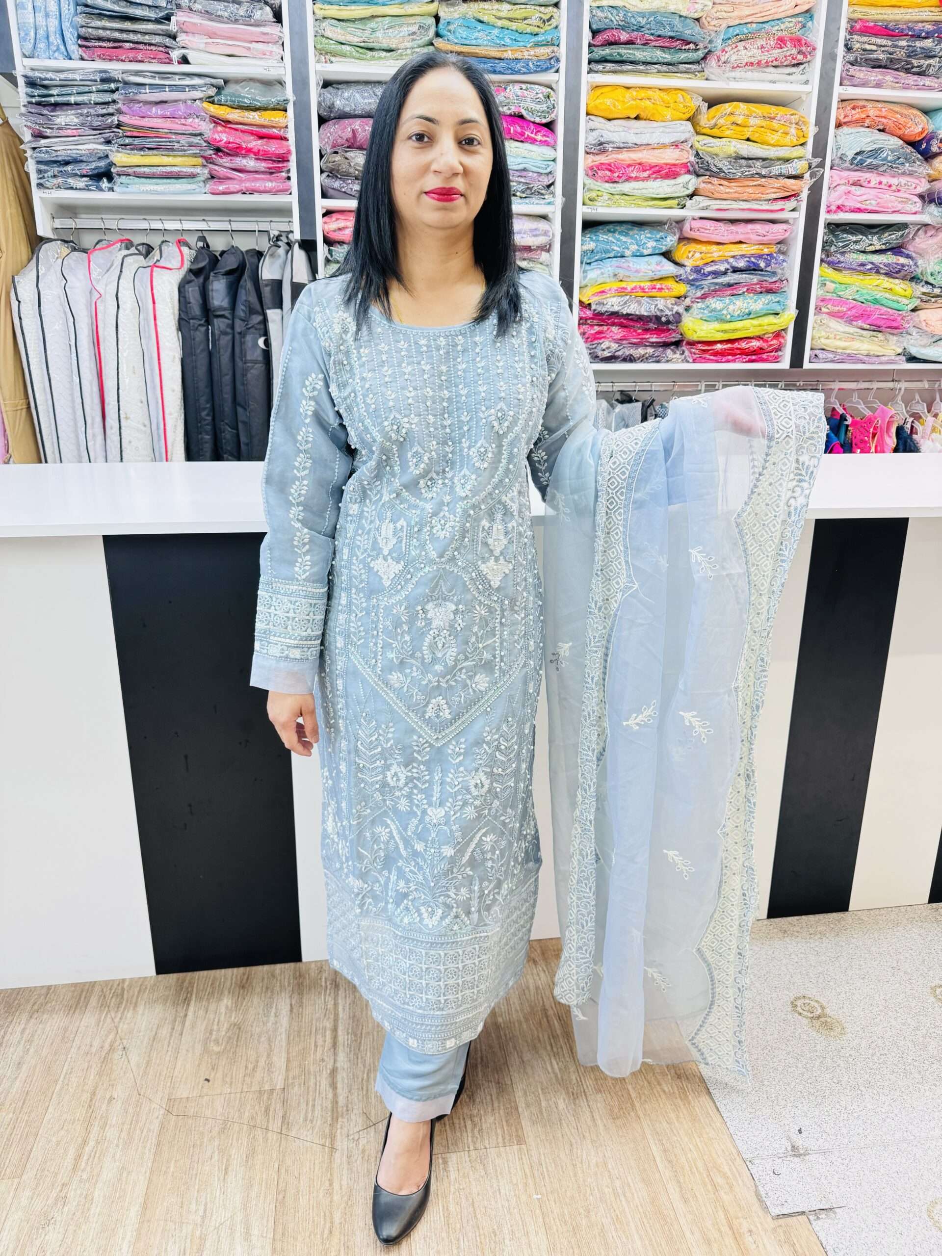 (SOLD) BEAUTIFUL PAKISTAN STYLE SUIT HEAVY EMBROIDERY SEQUINENCE AND PEARL WORK ALL OVER SHIRT COMES WITH EMBROIDERY WORK ON DUPATTA