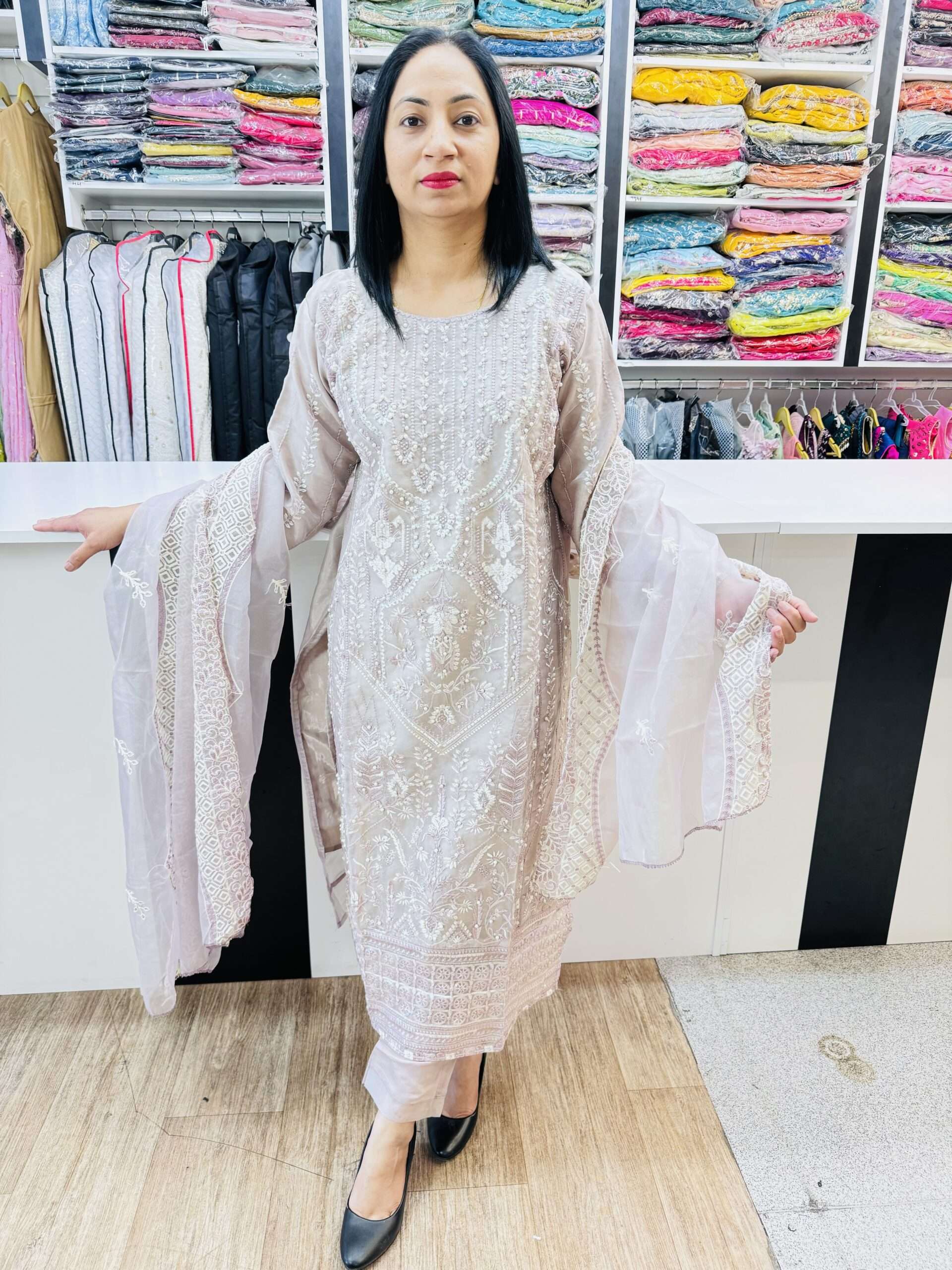 (SOLD)  BEAUTIFUL PAKISTAN STYLE SUIT HEAVY EMBROIDERY SEQUINENCE AND PEARL WORK ALL OVER SHIRT COMES WITH EMBROIDERY WORK ON DUPATTA