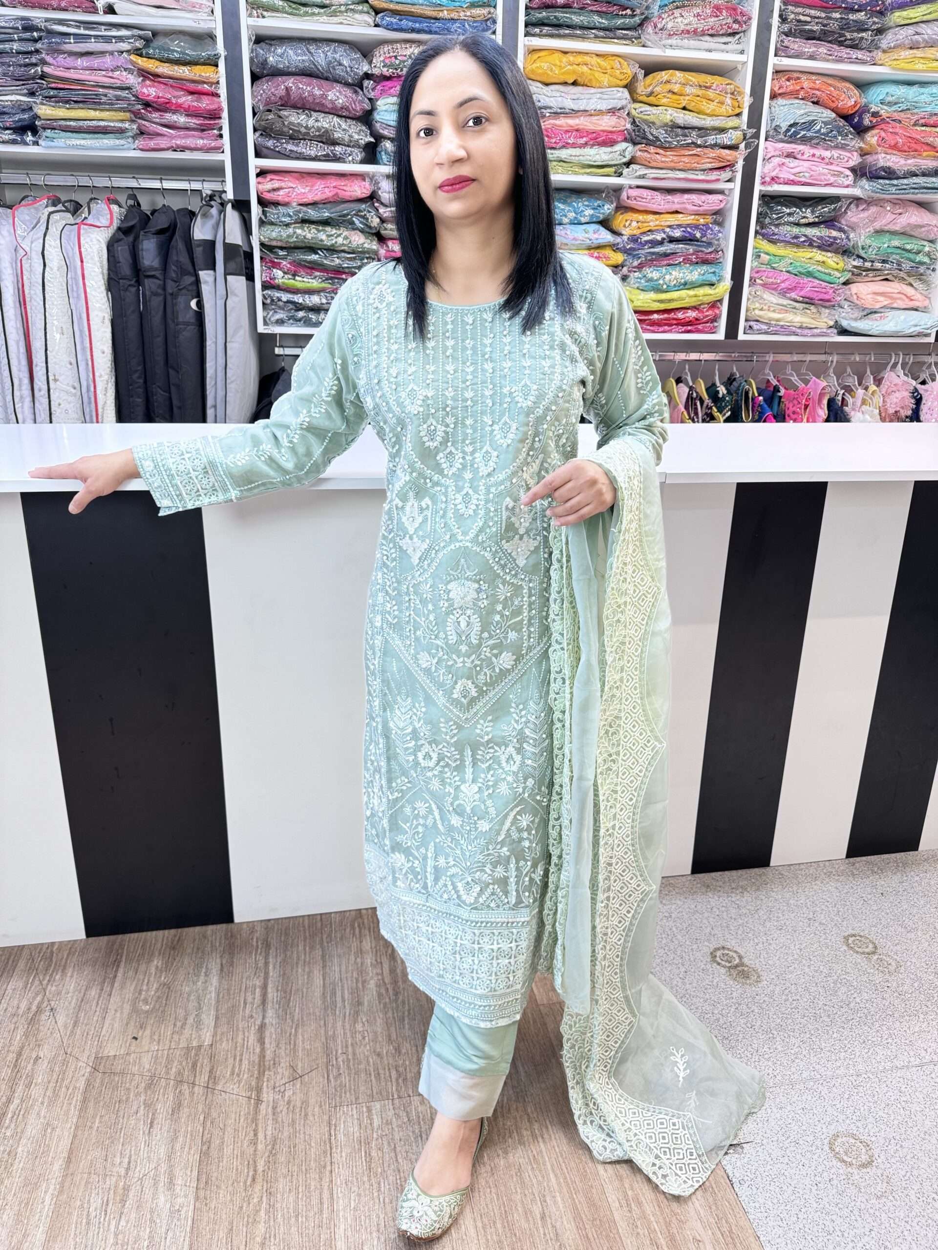 (SOLD OUT) BEAUTIFUL PAKISTAN STYLE SUIT HEAVY EMBROIDERY SEQUINENCE AND PEARL WORK ALL OVER SHIRT COMES WITH EMBROIDERY WORK ON DUPATTA