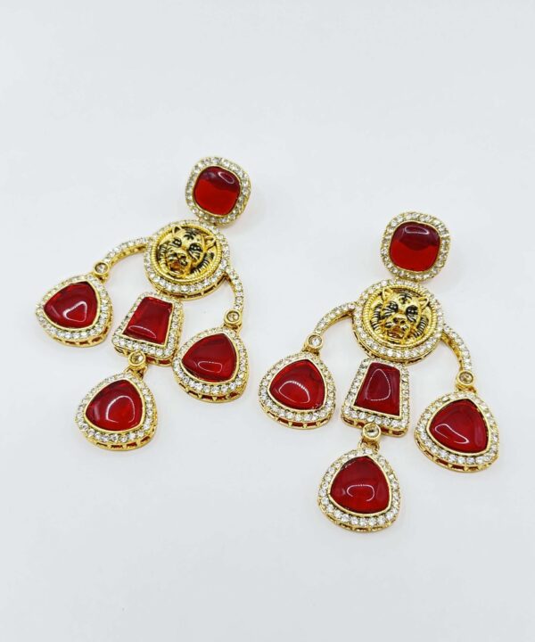 RED COLOR BEAUTIFUL INFLUENCED DANGLE (HANGING) EARRINGS WITH MONALISA AND AD STONE.